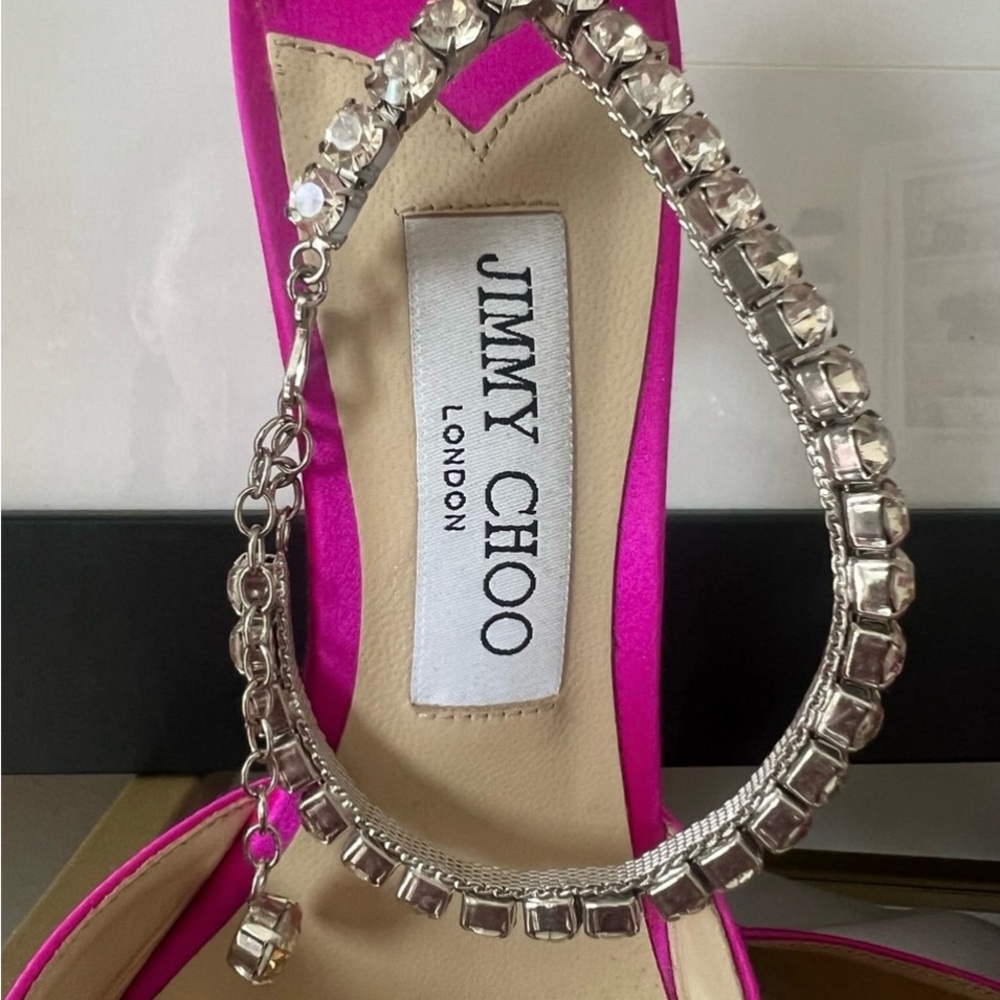 Jimmy Choo fuchsia satin Saeda 100 Crystal embellished strappy pumps - Picture 4 of 6